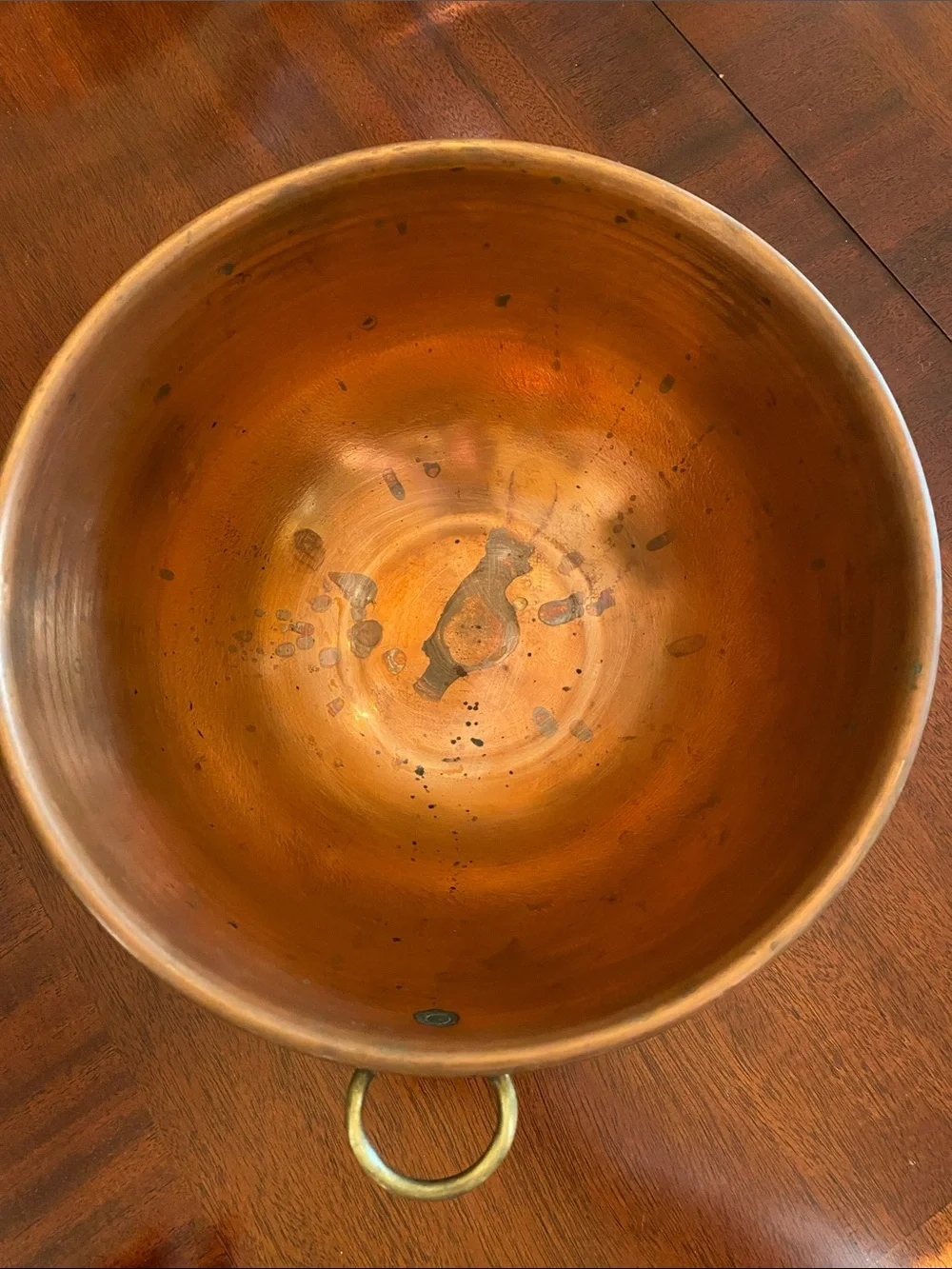 Vintage Copper 10” Mixing Bowl Rolled Edge Brass Hanging Ring